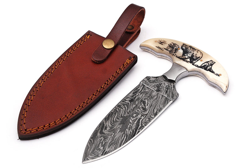 Full Tang Push Dagger Damascus Steel Hunting Knife W/ Sheath