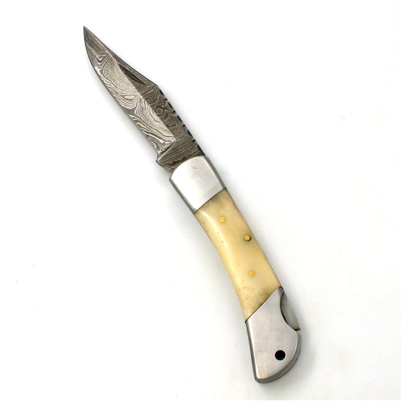 Red Deer Damascus Folding Knife High Carbon Steel Blade