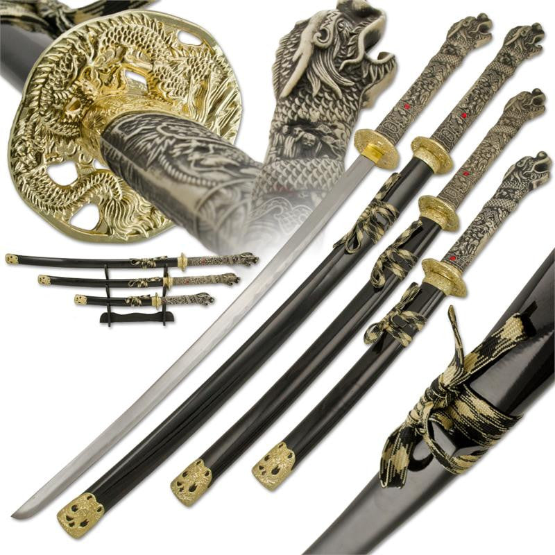 3 PC Samurai Dragon Katana Sword Set with Detailed Dragon Engravings, , Panther Trading Company- Panther Wholesale