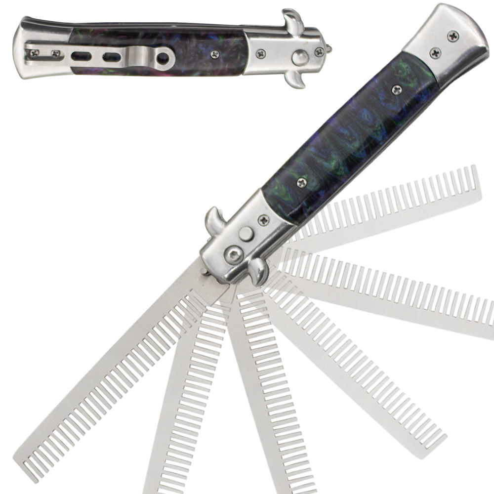 Dark Blue and Green Marble Swirl Folding Knife Comb with Spring Action Blade