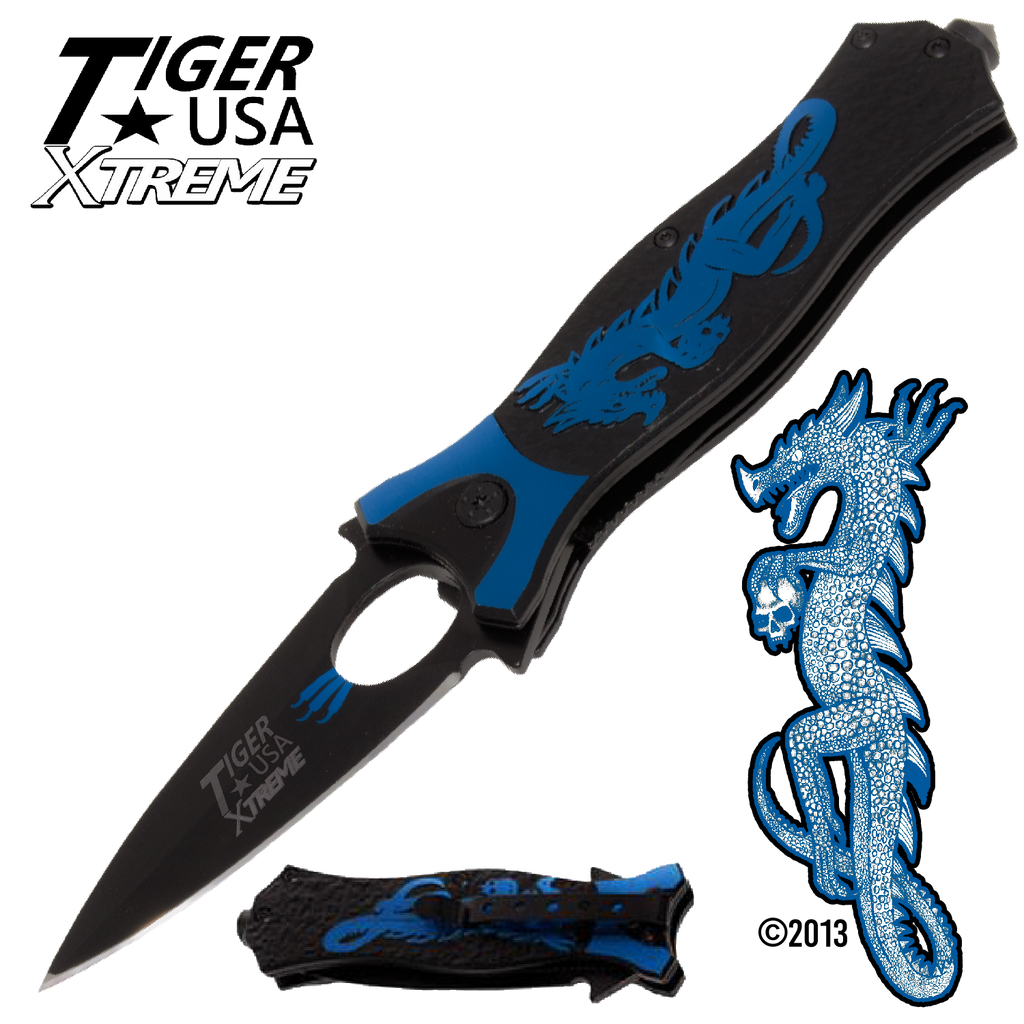 Tiger USA Xtreme Dragon Watch Trigger Action Knife - Blue, , Panther Trading Company- Panther Wholesale
