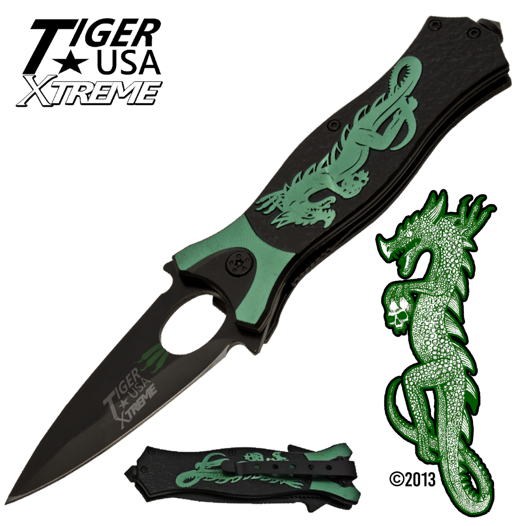 Tiger USA Xtreme Dragon Watch Trigger Action Knife - Green, , Panther Trading Company- Panther Wholesale