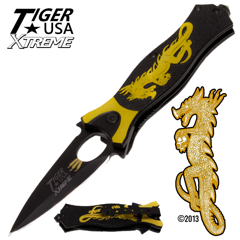 Tiger USA Xtreme Dragon Watch Trigger Action Knife - Yellow, , Panther Trading Company- Panther Wholesale