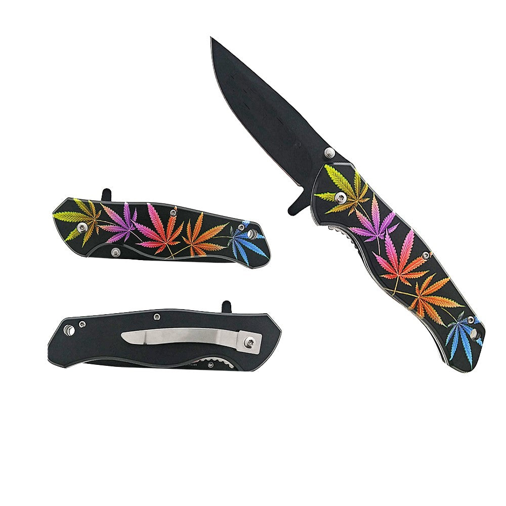 3 3/4" Blade Spring Assisted Knife Black handle/ 
marijuana