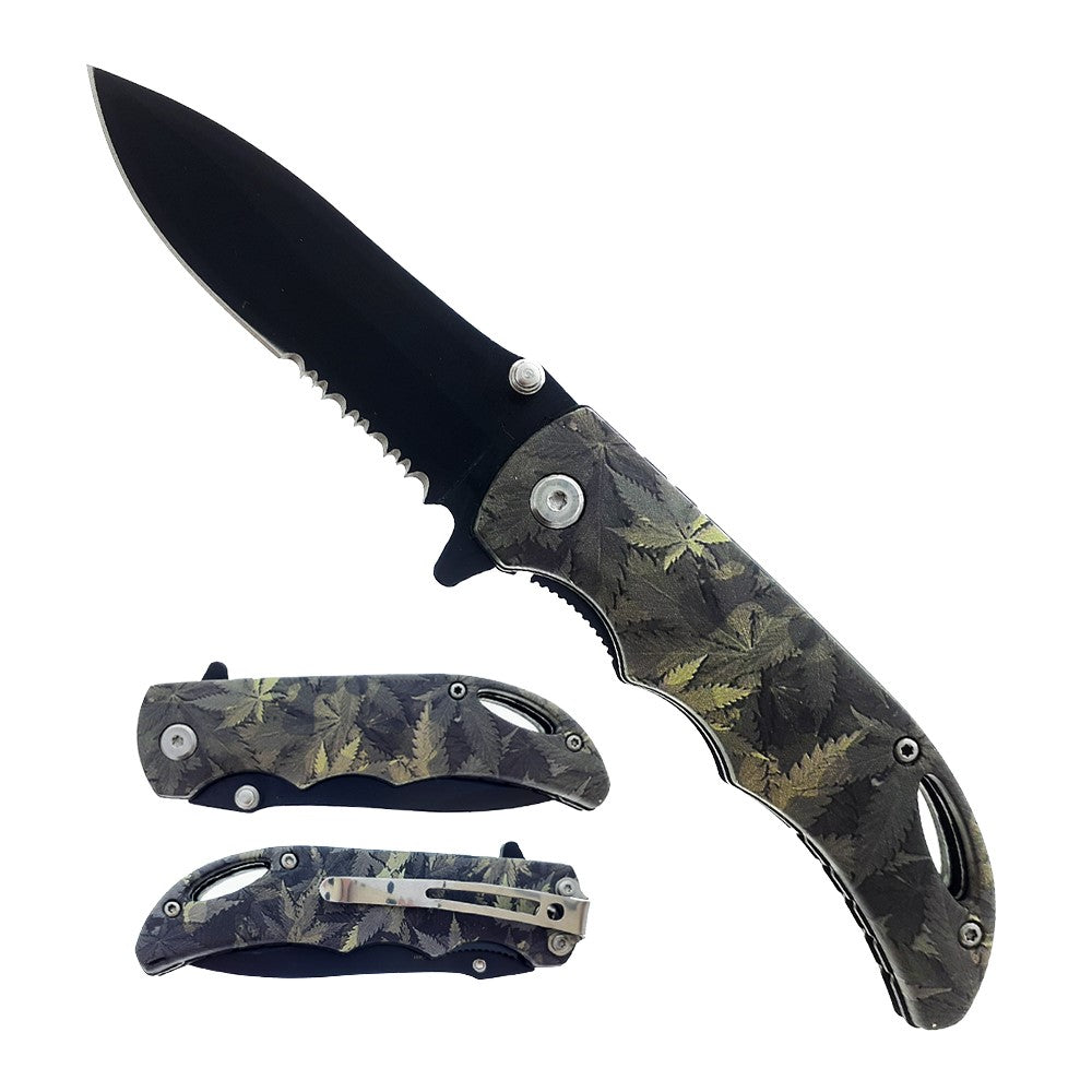 3.5" Half Serrated Black Blade and 4" ABS Marijuana