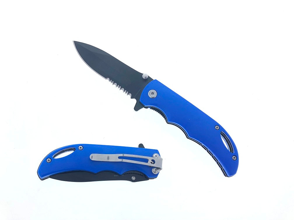 3.5" Half Serrated Black Blade and 4" Blue Handle