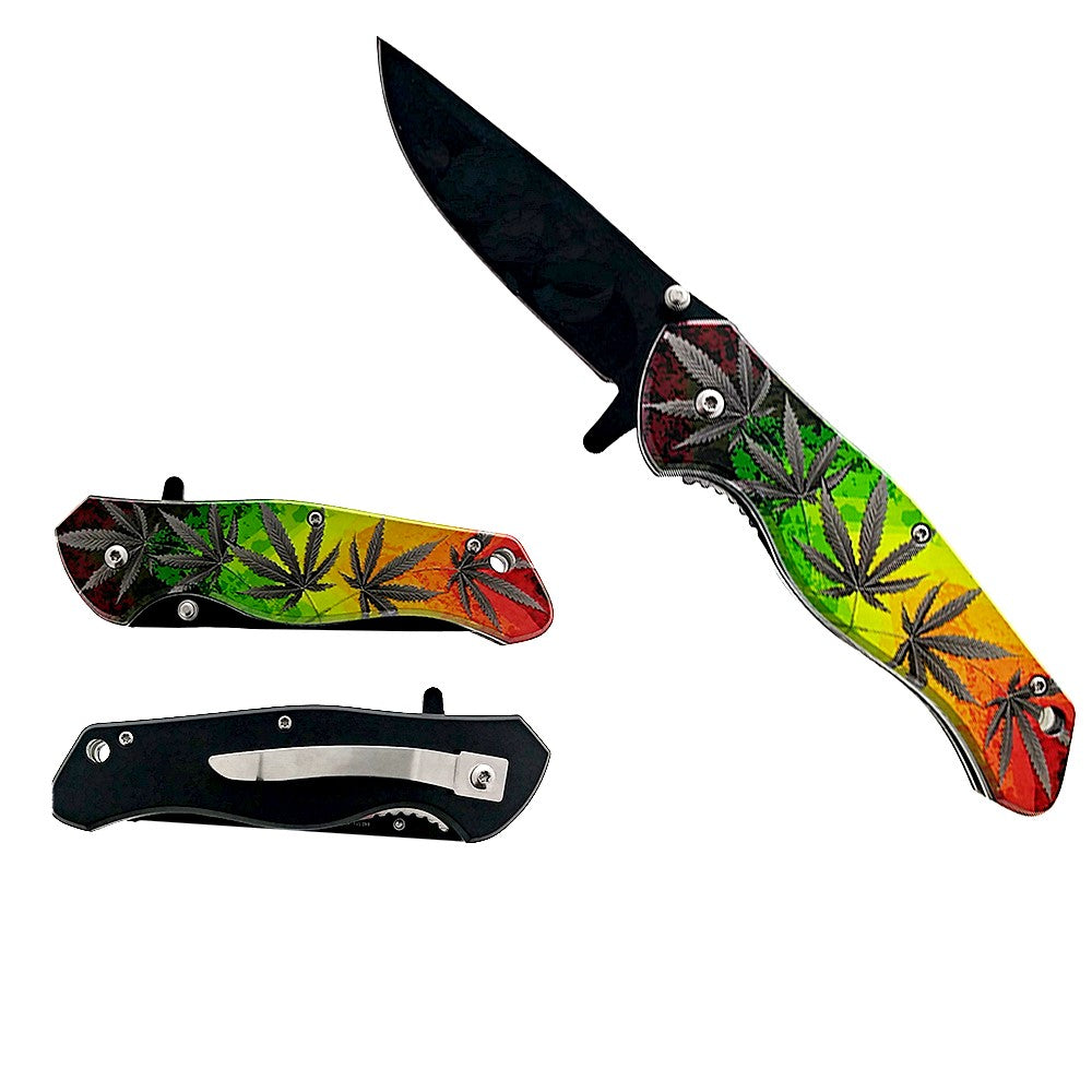 3 3/4" Blade Spring Assisted Knife rasta/marijuana 
handle