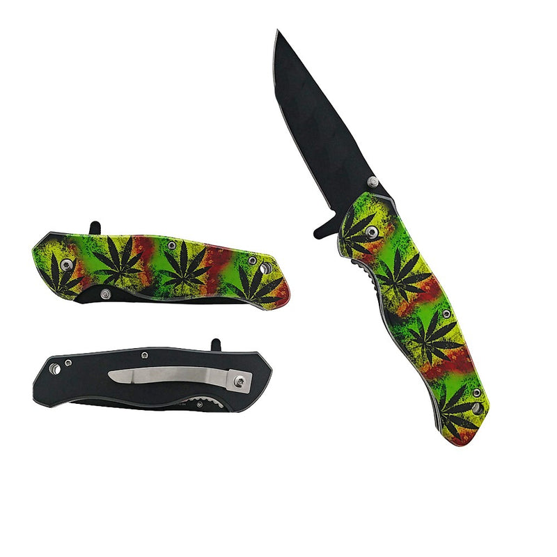3 3/4" Blade Spring Assisted Knife rasta/ marijuana 
handle