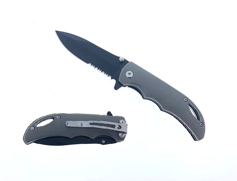 3.5" Half Serrated Black Blade and 4" Grey Handle