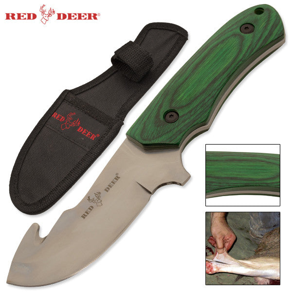 Red Deer Wooden Handle Hunting Knife Full Tang - Green Wood, , Panther Trading Company- Panther Wholesale