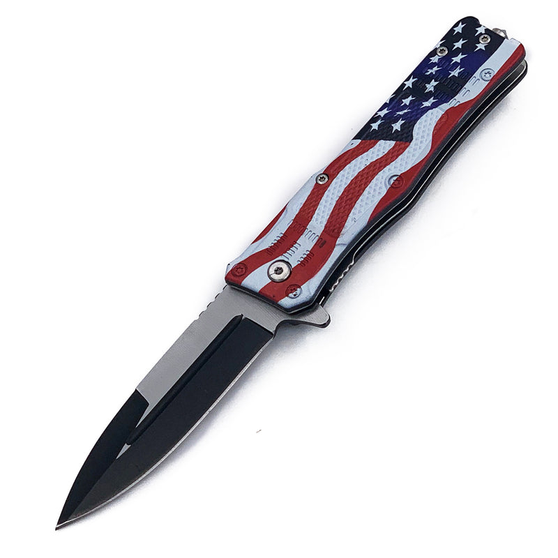 US Flag Spring Assisted Folding Pocket Knife 3" Two Tone Blade