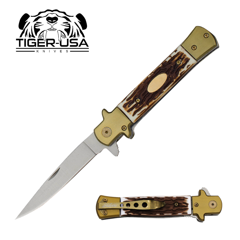 9 Inch Eurotop Stiletto Style knife - Brown, , Panther Trading Company- Panther Wholesale
