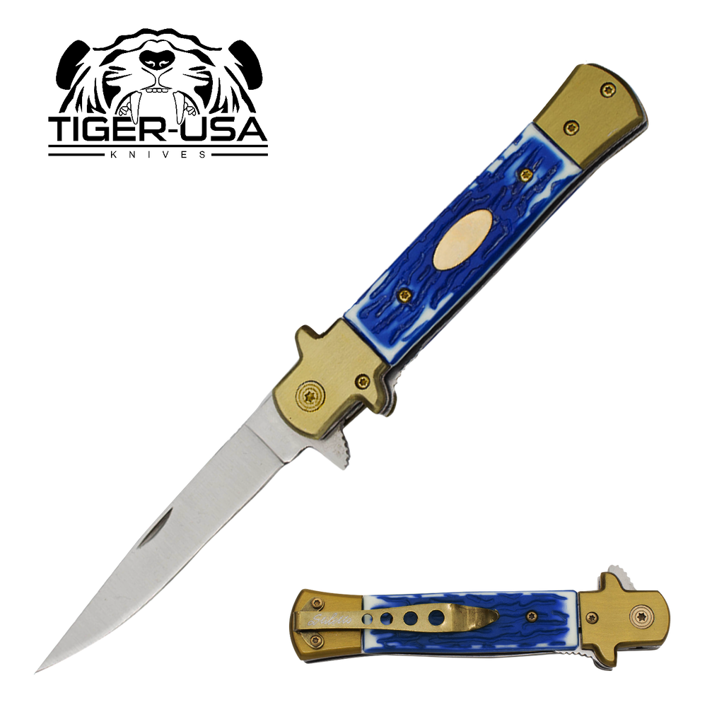 9 Inch Eurotop Stiletto Style knife - Blue, , Panther Trading Company- Panther Wholesale
