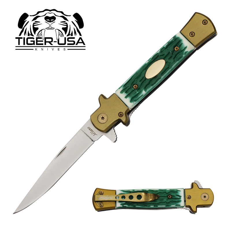 9 Inch Eurotop Stiletto Style knife - Green, , Panther Trading Company- Panther Wholesale