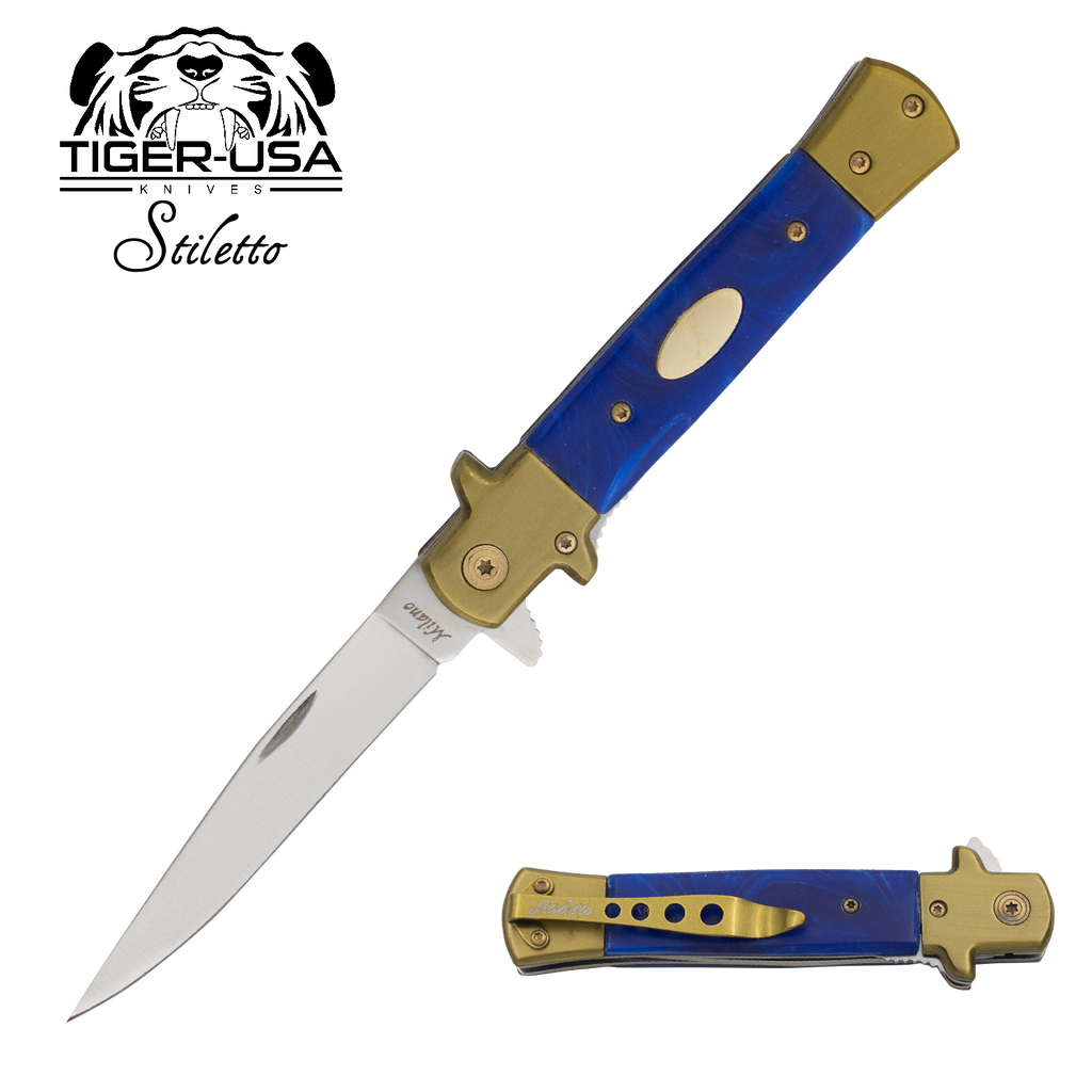 9 Inch Eurotop Stiletto Style knife - Blue Marble, , Panther Trading Company- Panther Wholesale