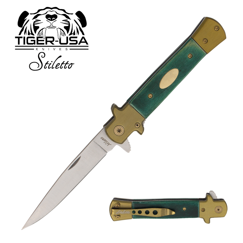 9 Inch Eurotop Stiletto Style knife - Green Wood, , Panther Trading Company- Panther Wholesale