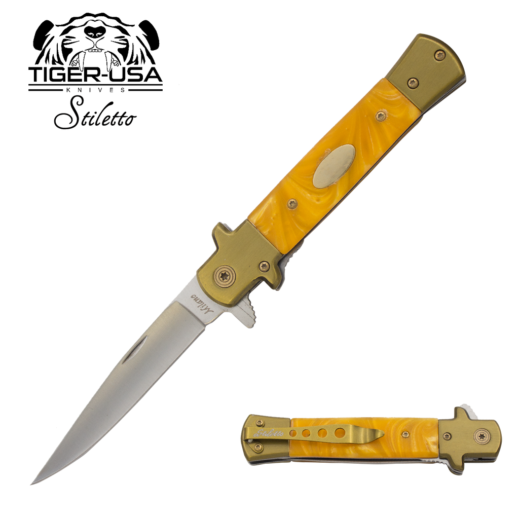 9 Inch Eurotop Stiletto Style knife - Orange Marble, , Panther Trading Company- Panther Wholesale