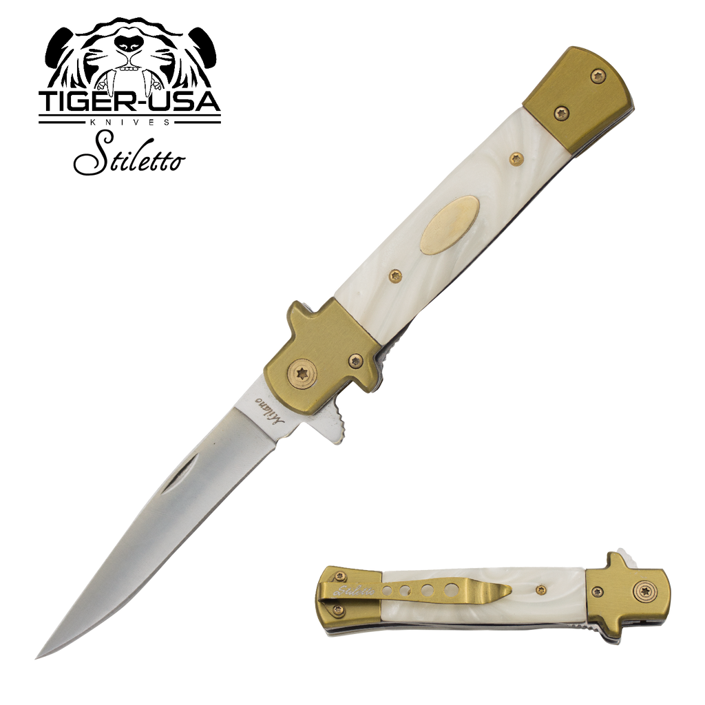 9 Inch Eurotop Stiletto Style knife - White Marble, , Panther Trading Company- Panther Wholesale