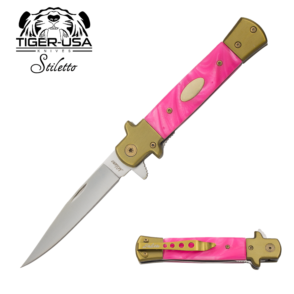 9 Inch Eurotop Stiletto Style knife - Pink Marble, , Panther Trading Company- Panther Wholesale