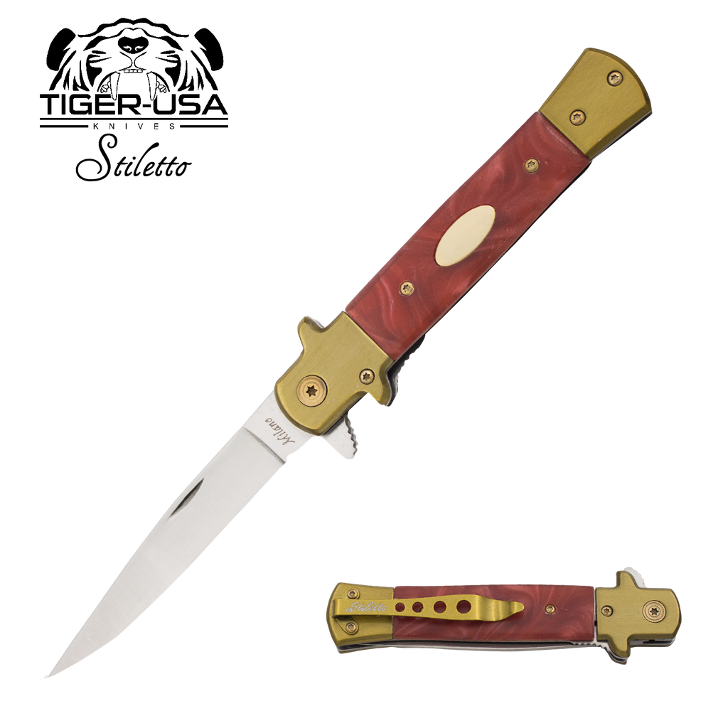 9 Inch Eurotop Stiletto Style knife - Red Marble, , Panther Trading Company- Panther Wholesale