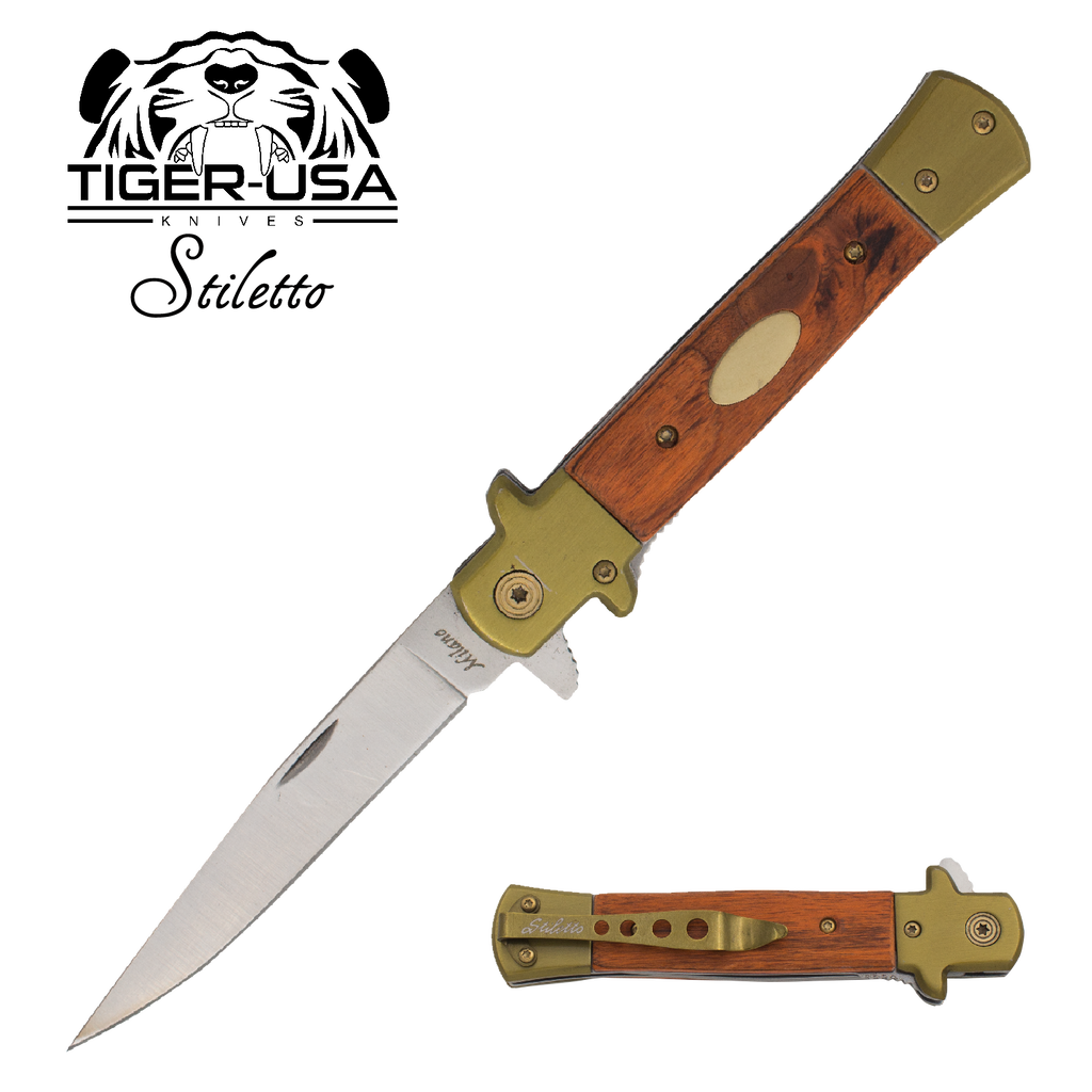 9 Inch Eurotop Stiletto Style knife - Real Wood, , Panther Trading Company- Panther Wholesale