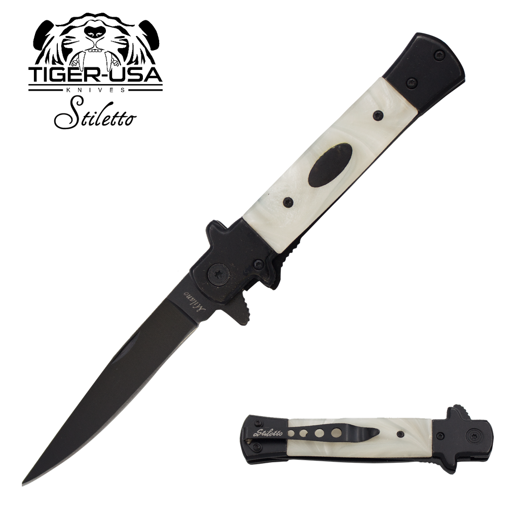 9 Inch Eurotop Stiletto Style knife - White Marble Black Blade, , Panther Trading Company- Panther Wholesale