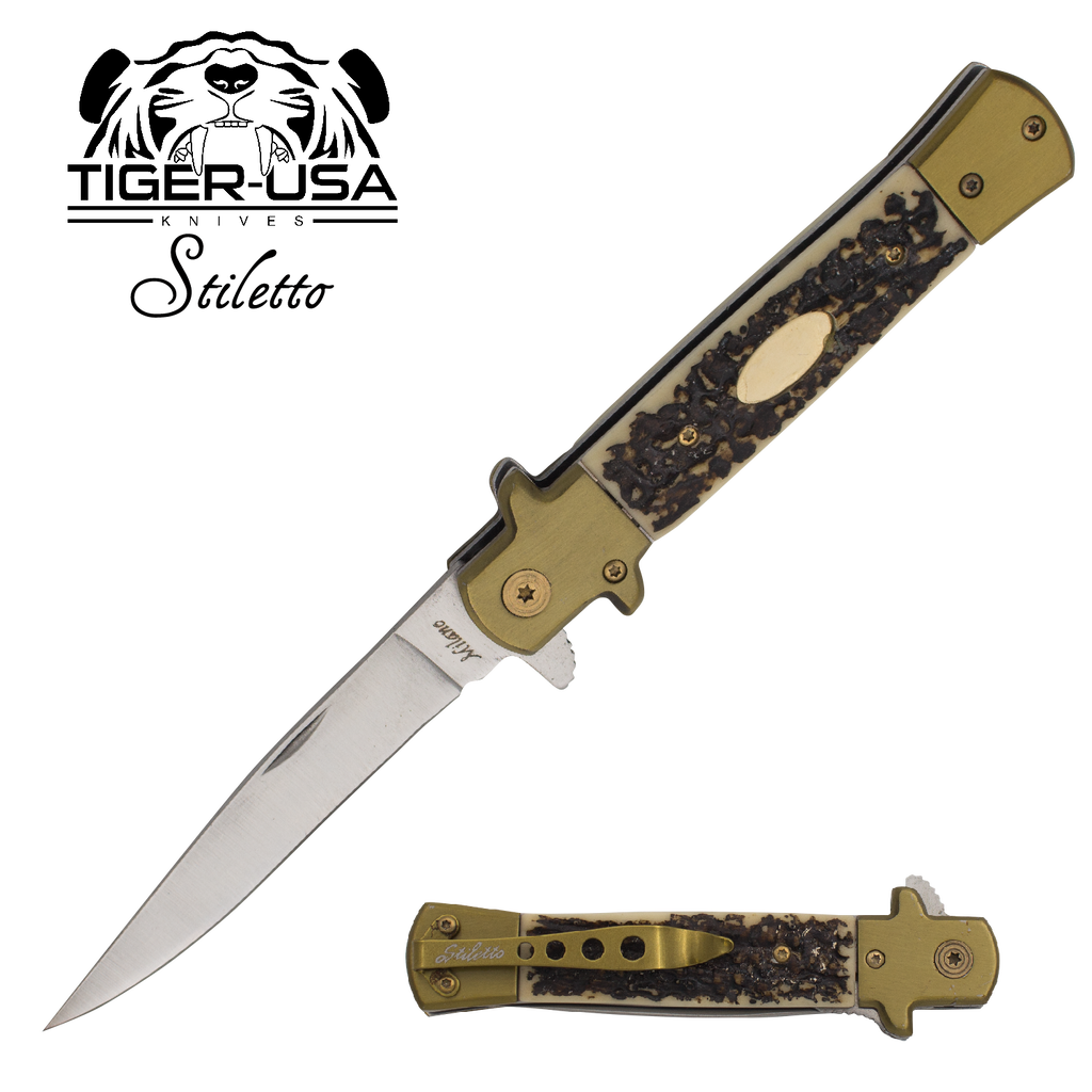 9 Inch Eurotop Stiletto Style knife - Real Burnt Bone Handle, , Panther Trading Company- Panther Wholesale
