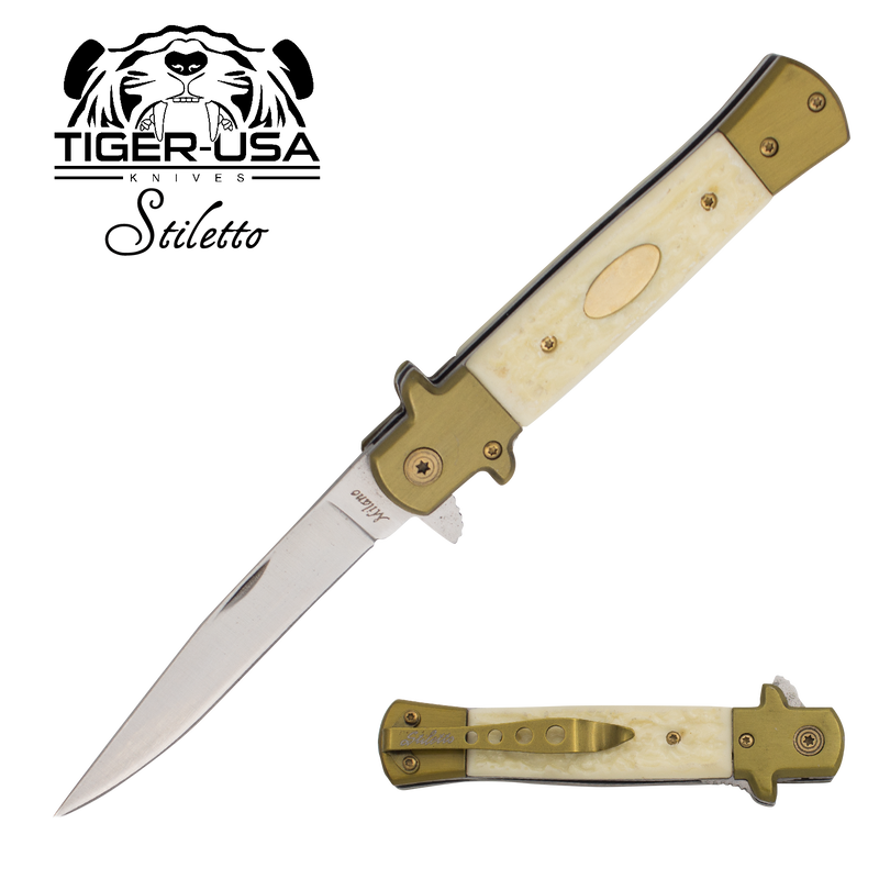 9 Inch Eurotop Stiletto Style knife - Real Bone Handle, , Panther Trading Company- Panther Wholesale