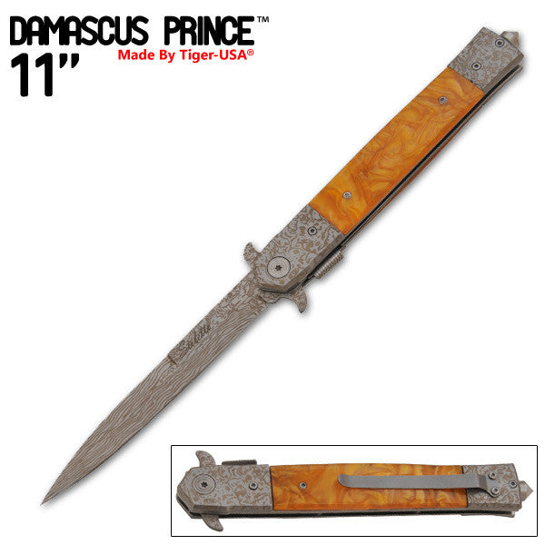 11 Inch Damascus Prince Stiletto Style Knife (Gold Cluster), , Panther Trading Company- Panther Wholesale