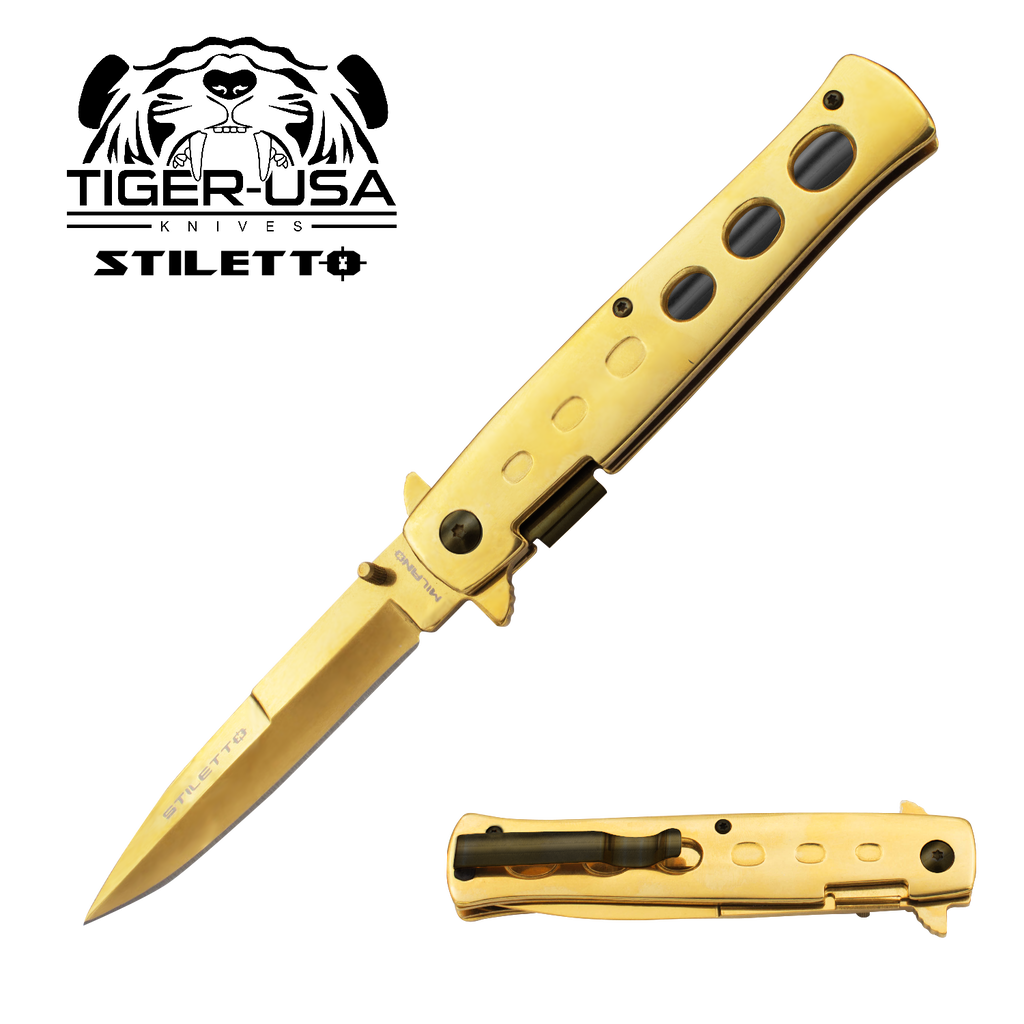 8.5 Inch stiletto style Milano Trigger Action Knife - Gold/Black, , Panther Trading Company- Panther Wholesale