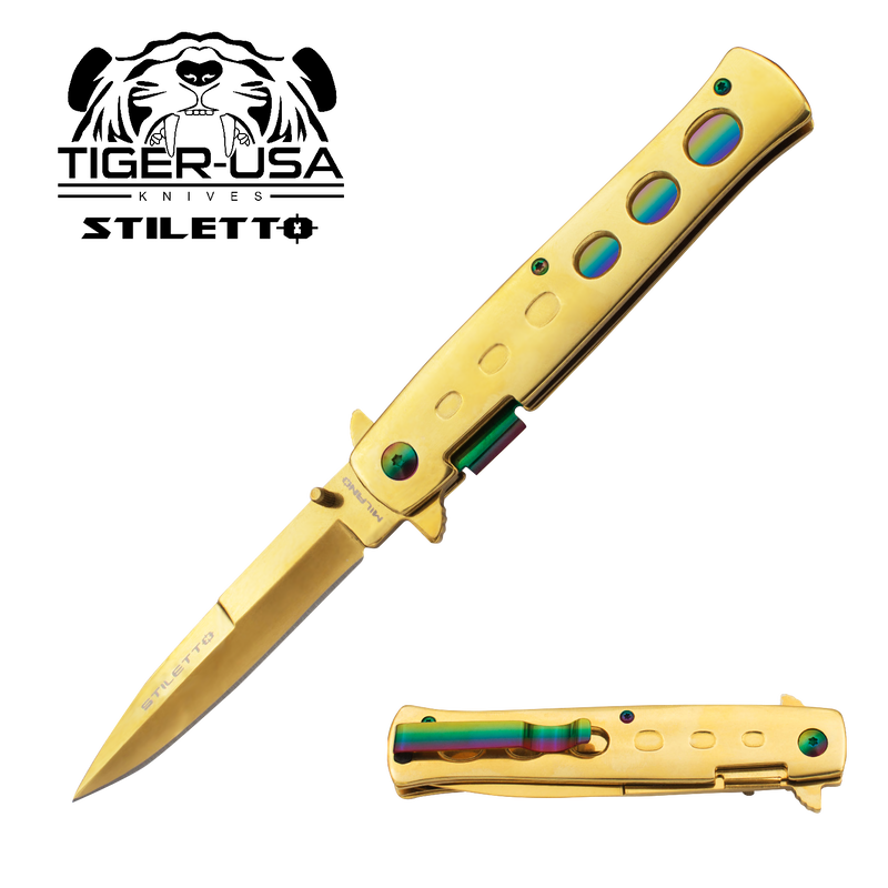 8.5 Inch stiletto style Milano Trigger Action Knife - Gold/Rainbow, , Panther Trading Company- Panther Wholesale