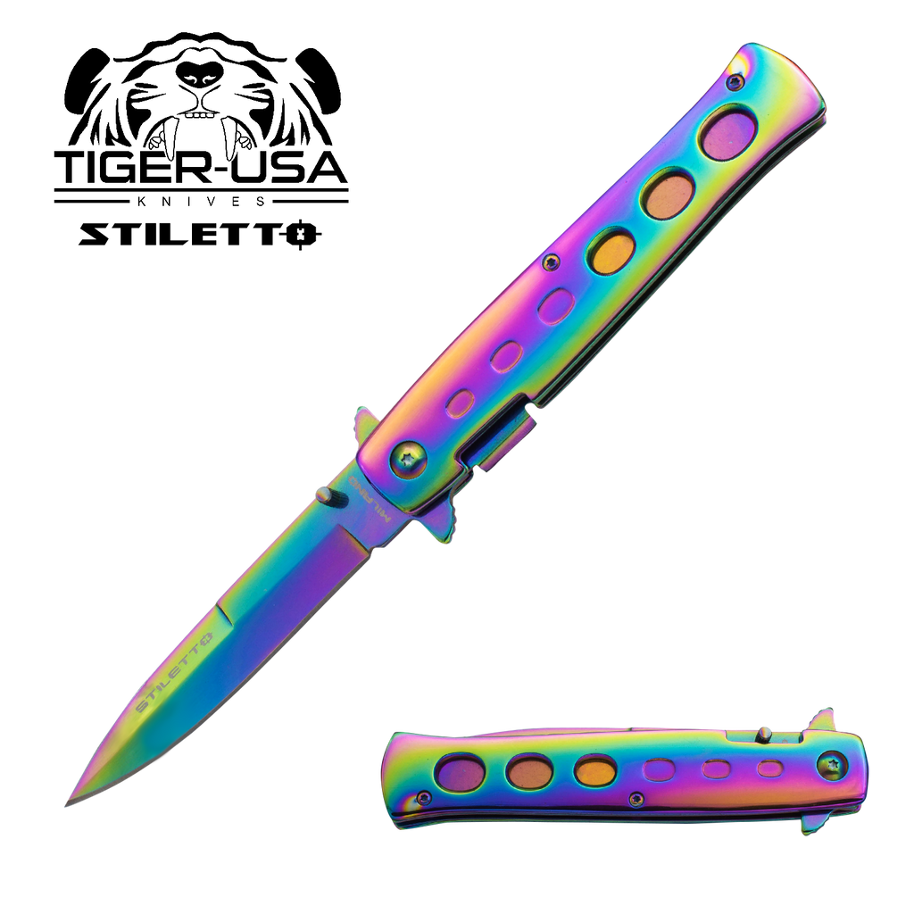 8.5 Inch stiletto style Milano Trigger Action Knife - Rainbow, , Panther Trading Company- Panther Wholesale