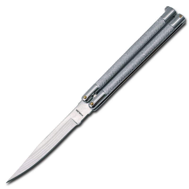 Copy of Drop Point Blade Textured Grip Butterfly Knife - SILVER Made in Taiwan