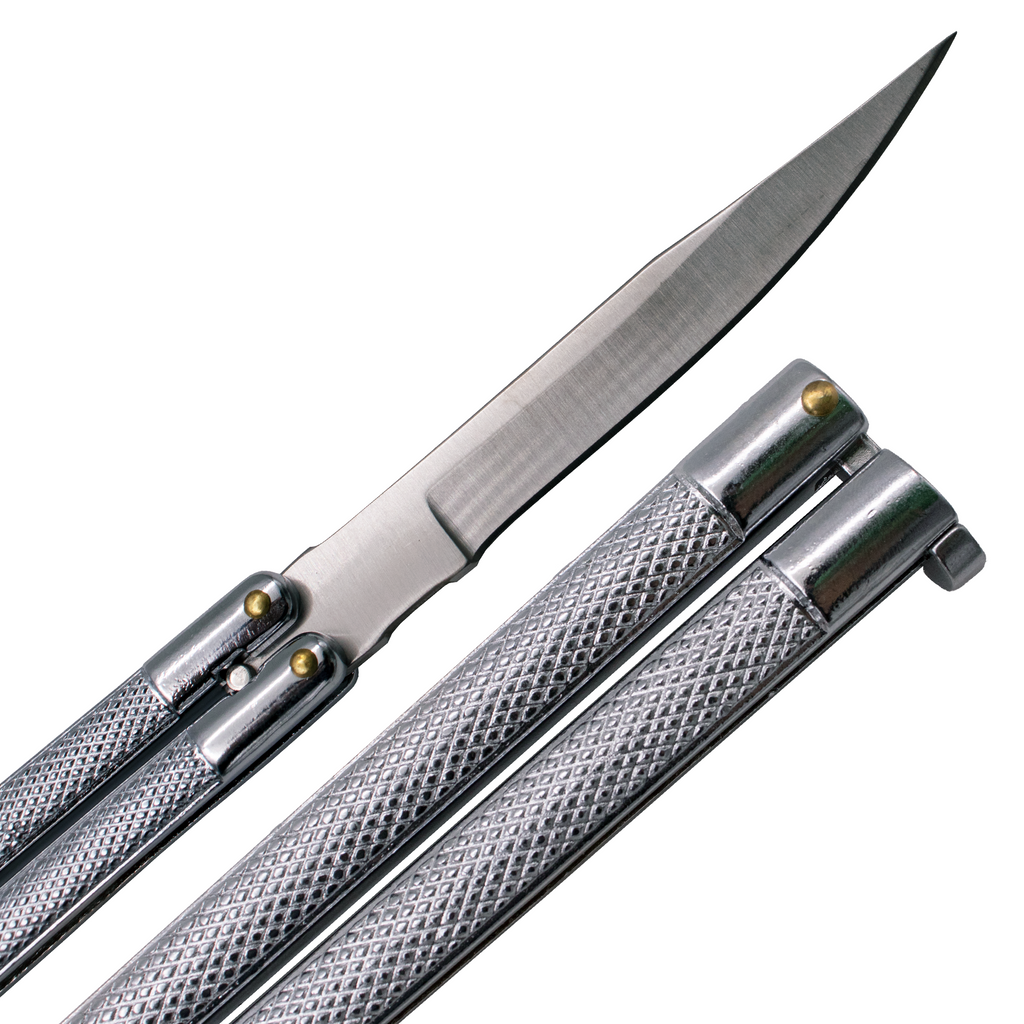 Copy of Drop Point Blade Textured Grip Butterfly Knife - SILVER Made in Taiwan