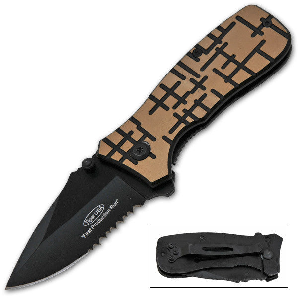 6 Inch Tiger-USA &#34;Stitched&#34; Folding Knife - Gold, , Panther Trading Company- Panther Wholesale