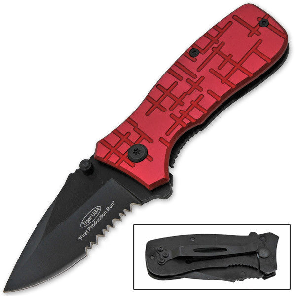 6 Inch Tiger-USA &#34;Stitched&#34; Folding Knife - Red, , Panther Trading Company- Panther Wholesale