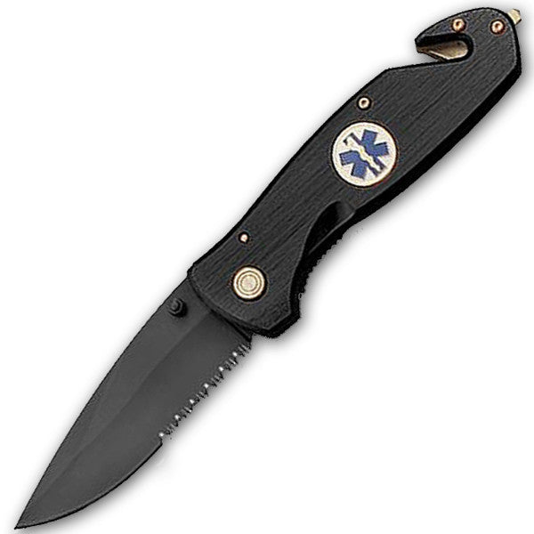 8 Inch Black E.M.S Folding Knife W/ Seat Belt Cutter, , Panther Trading Company- Panther Wholesale