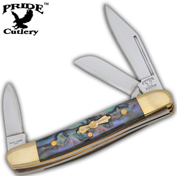 3.25 Inch Dreamy Abalone Trapper Pocket Knife- 3 Bladed, , Panther Trading Company- Panther Wholesale