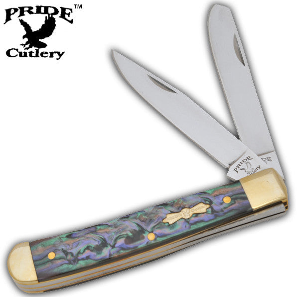 4 Inch Dreamy Abalone Trapper Pocket Knife- 2 Bladed, , Panther Trading Company- Panther Wholesale