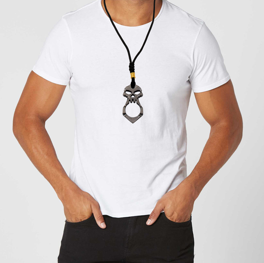 Lanyard Necklace One Finger Skull Knuckle Keychain Steel Black