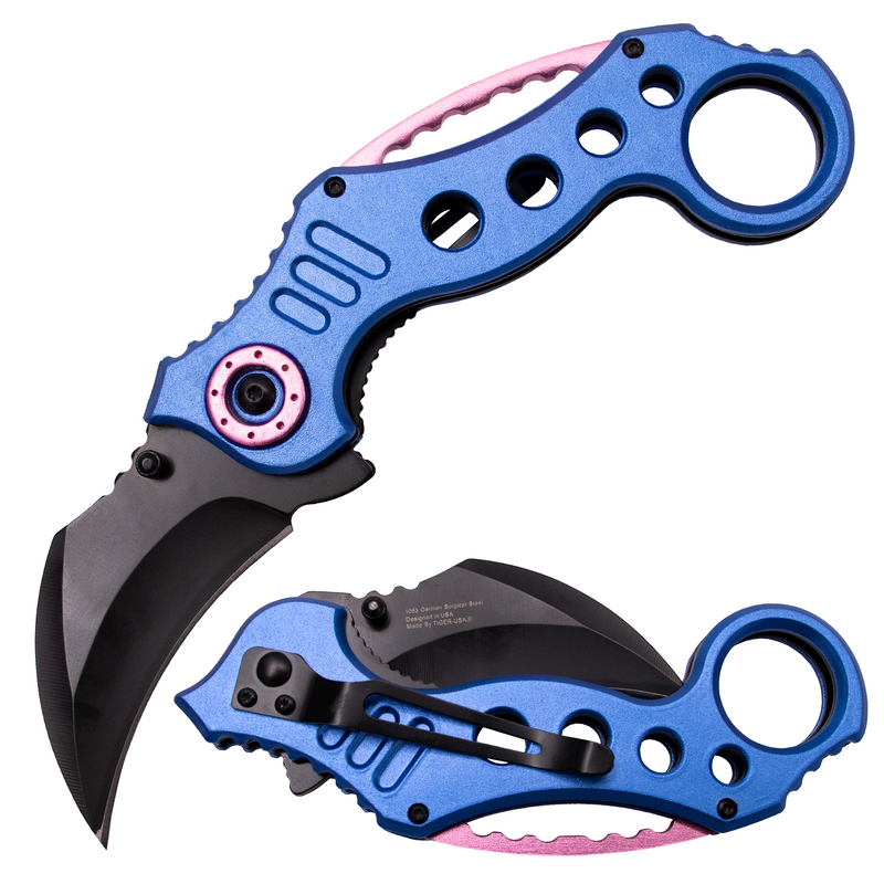 7.5 Inch Tiger-USA Dual-Colored Karambit Style Knife - BLUE AND BLACK