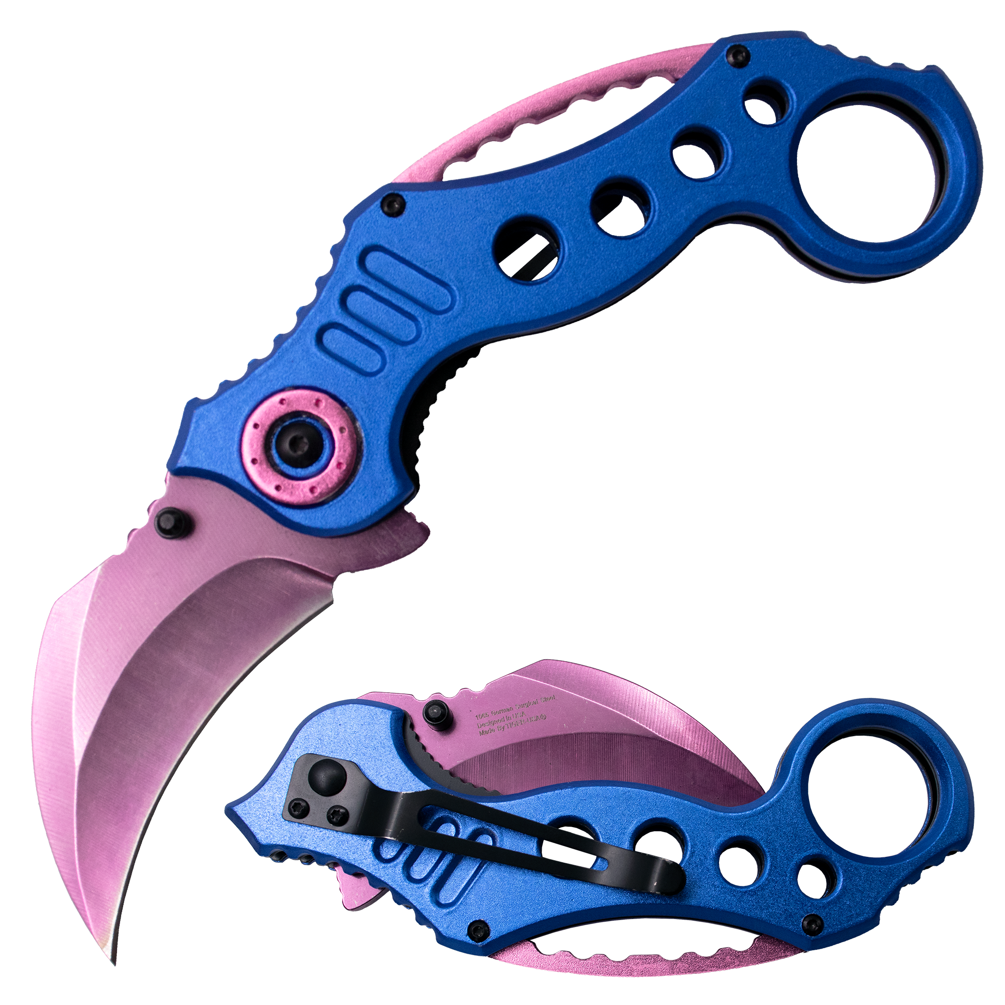 Tiger-USA Dual-Colored Karambit Style Knife - Pink Handle Purple Knife –  Panther Wholesale