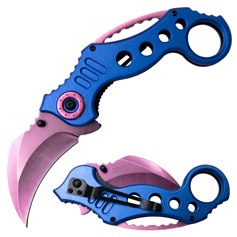 7.5 Inch Tiger-USA Dual-Colored Karambit Style Knife - BLUE AND PINK