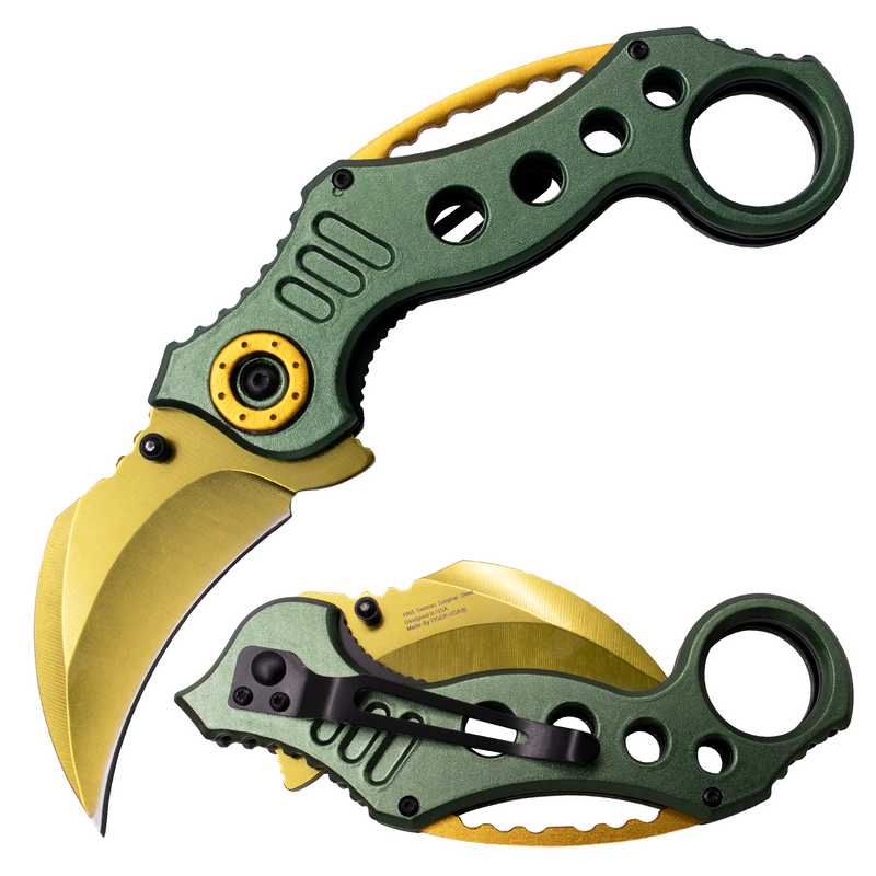 7.5 Inch Tiger-USA Dual-Colored Karambit Style Knife - GREEN AND GOLD