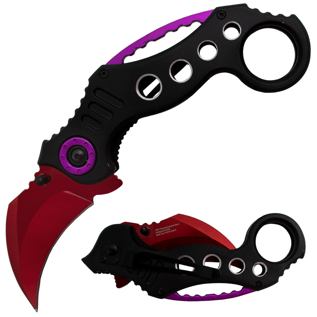 Tiger-USA Spring Assisted Karambit Knife - Black Red Purple