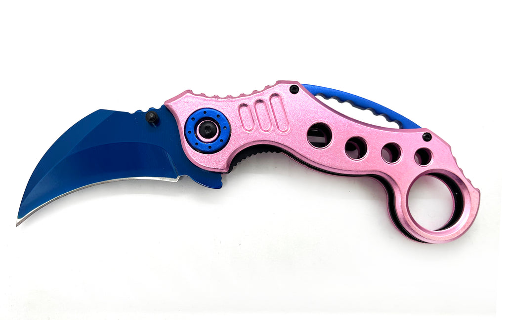 7.5 Inch Tiger-USA Dual-Colored Karambit Style Knife - Pink Handle Blue Knife