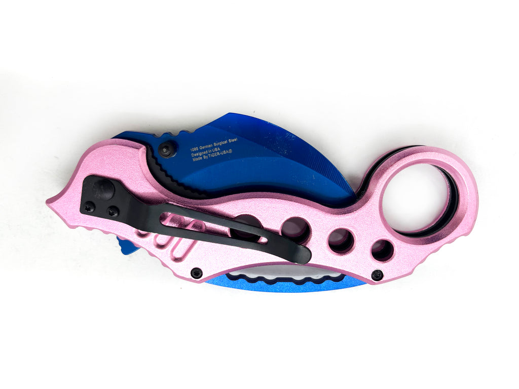 7.5 Inch Tiger-USA Dual-Colored Karambit Style Knife - Pink Handle Blue Knife