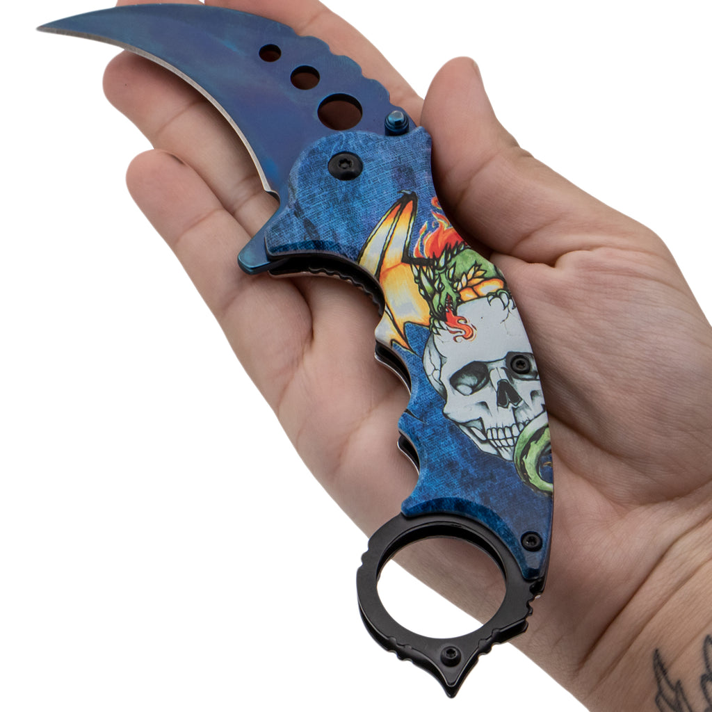 Tiger-USA Spring Assisted Folding Knife Skull Dragon