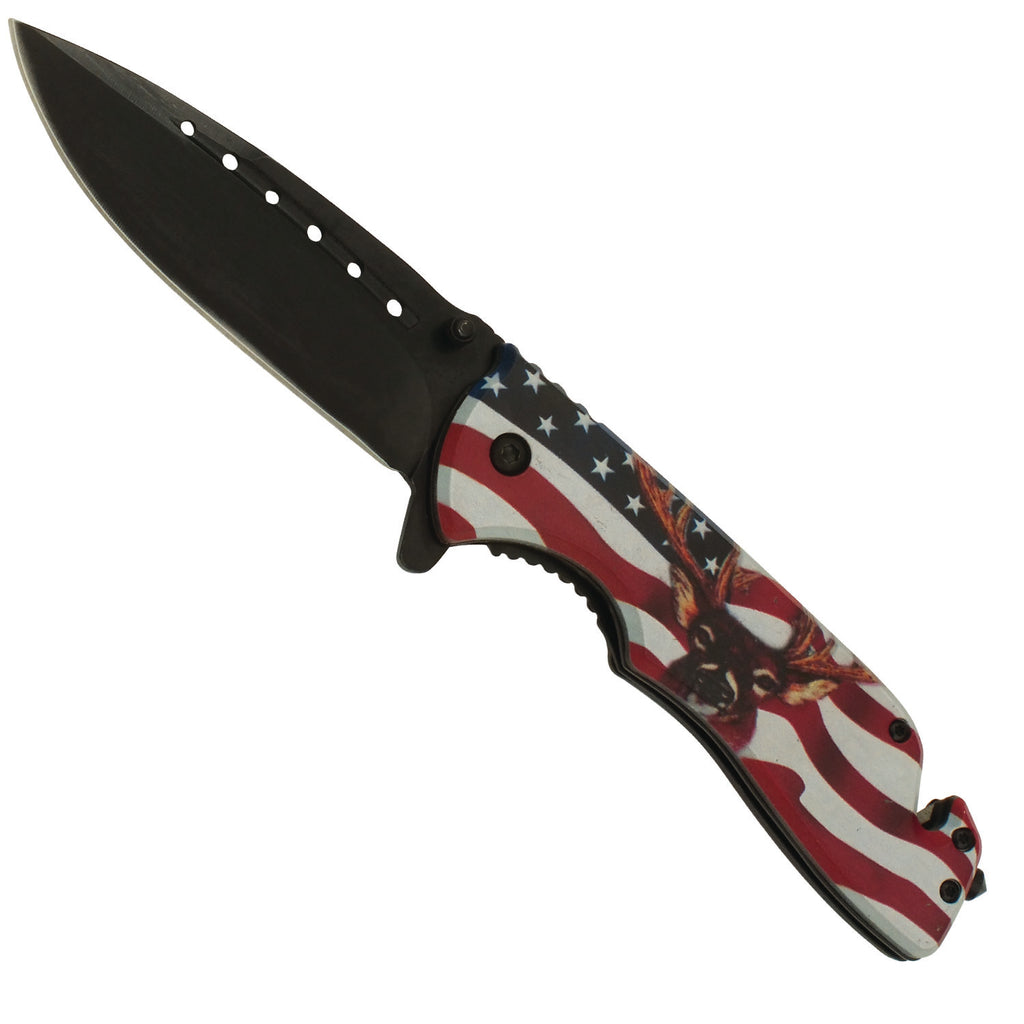 American Pride US Flag and Deer Spring Assisted Folding Pocket Knife.