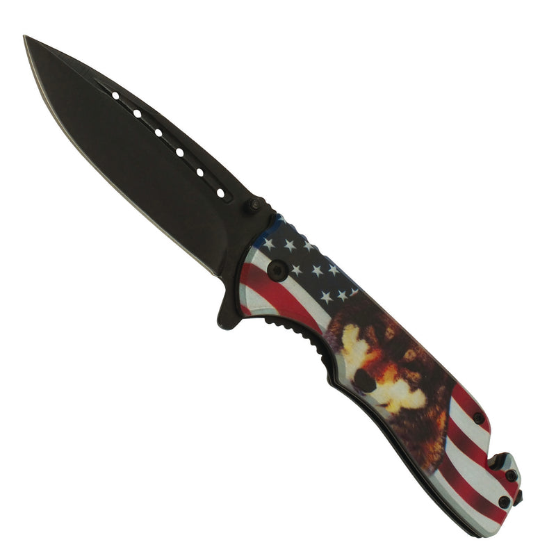 American Pride US Flag and Wolf Spring Assisted Folding Pocket Knife.